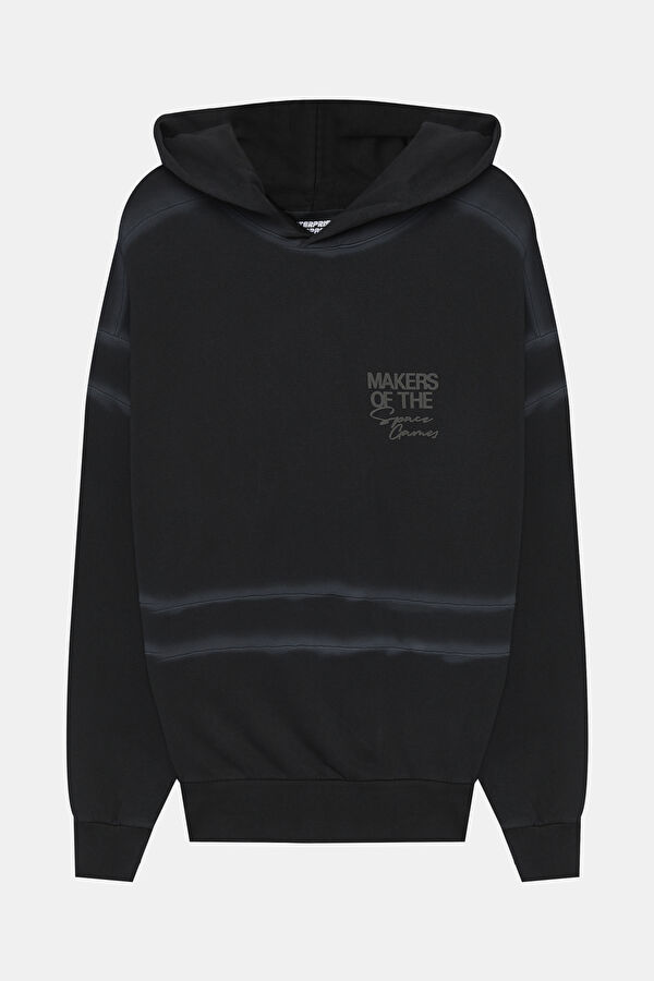 Siyah Relax Kalıp Kapuşonlu Erkek Sweatshirt
