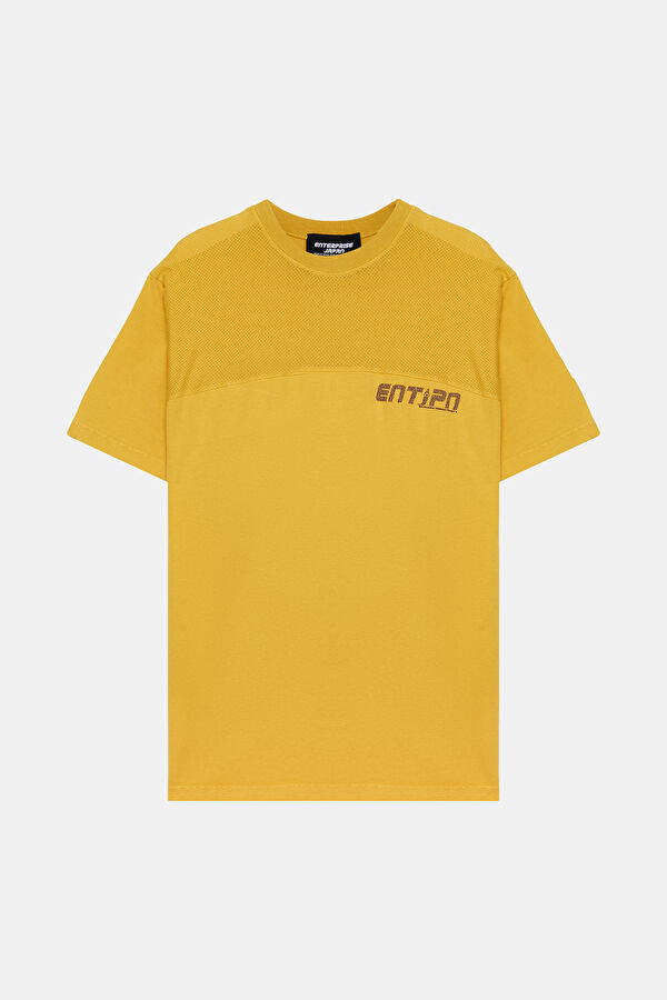 Relax Kalıp Hardal Bisiklet Yaka Baskılı Erkek T-Shirt
