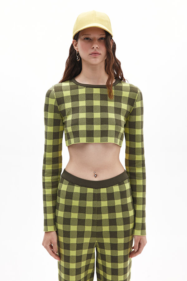 Green Plaid Viscose Knit Women's Sweater
