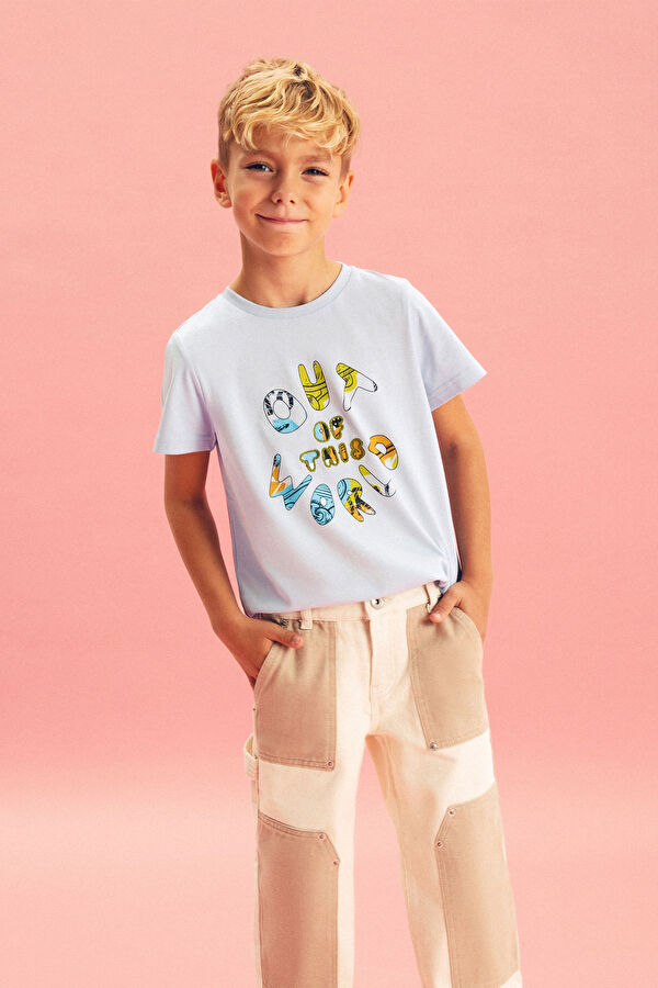 Mavi Bisiklet Yaka Baskılı T-Shirt