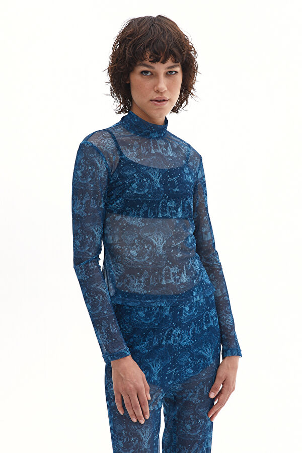 Blue Patterned Long-Sleeved Women's Blouse