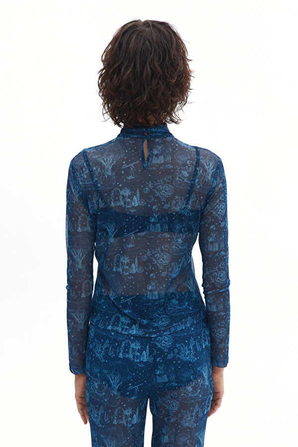 Blue Patterned Long-Sleeved Women's Blouse 2