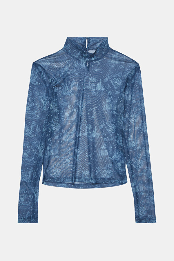Blue Patterned Long-Sleeved Women's Blouse 3
