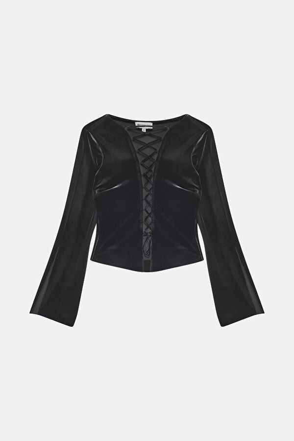 Black Patterned Long-Sleeved Women's Blouse