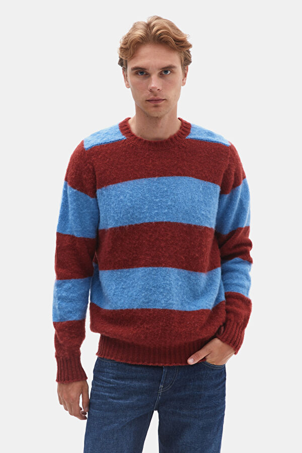 Men's Wool Knit Sweater with Blue Stripe Pattern