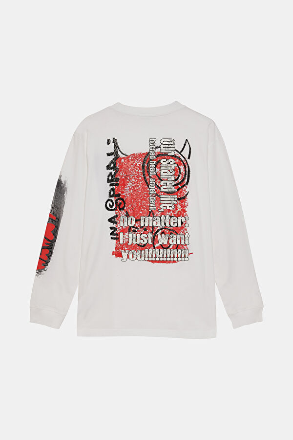 Relax Kalıp Beyaz Bisiklet Yaka Baskılı Erkek T-Shirt 2