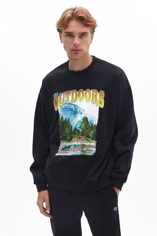 Siyah Bisiklet Yaka Erkek Sweatshirt