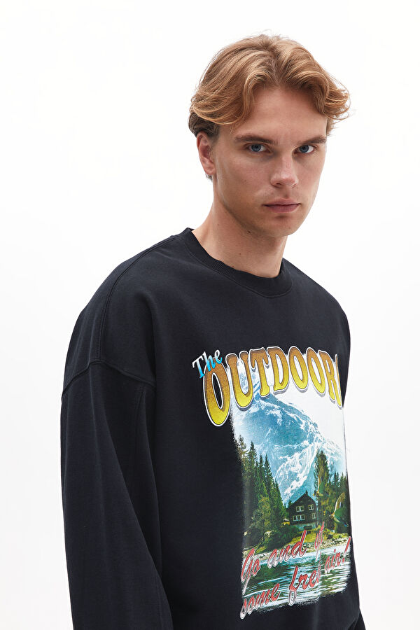 Siyah Bisiklet Yaka Erkek Sweatshirt 2
