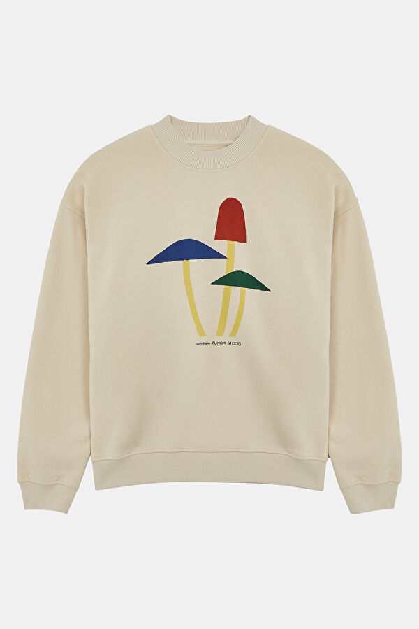 Ekru Bisiklet Yaka Kadın Sweatshirt