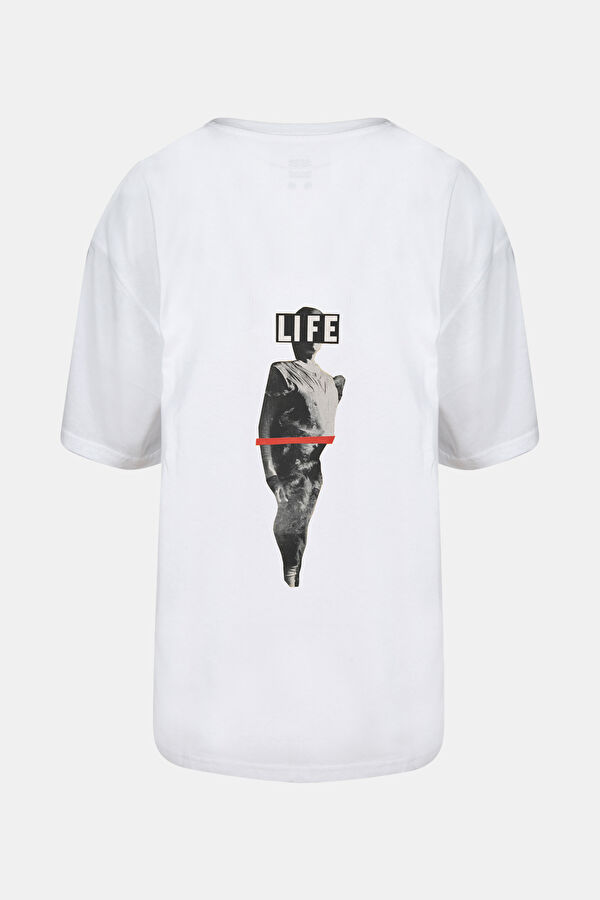 Relax Kalıp Beyaz O Yaka Baskılı T-Shirt 2