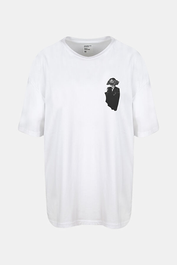 Relax Kalıp Beyaz O Yaka Baskılı T-Shirt