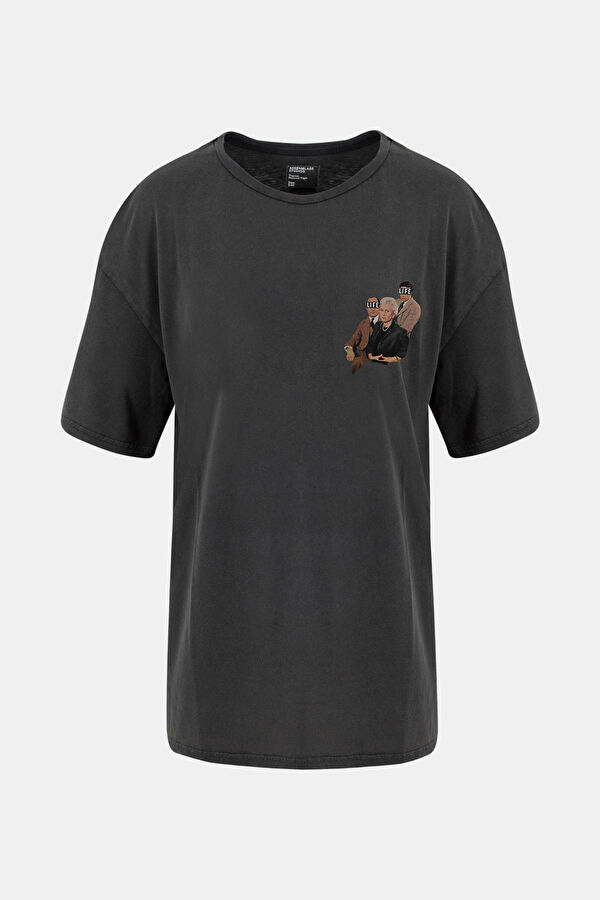 Relax Kalıp Antrasit O Yaka Baskılı T-Shirt