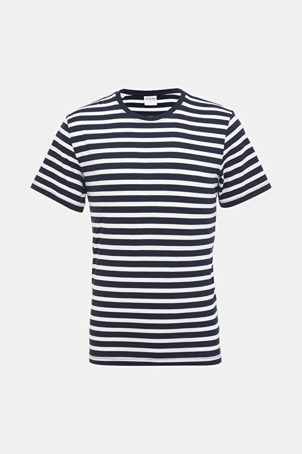 Lacivert Bisiklet Yaka Çizgili Desenli T-Shirt