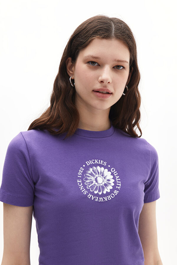 Relax Kalıp Mor O Yaka Baskılı Kadın T-Shirt 2