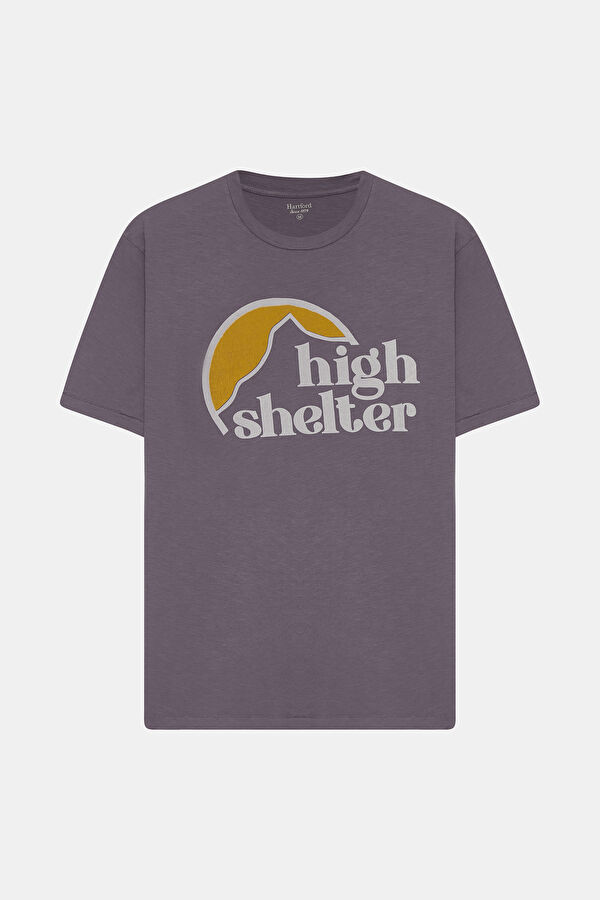 Lila Bisiklet Yaka Baskılı T-Shirt