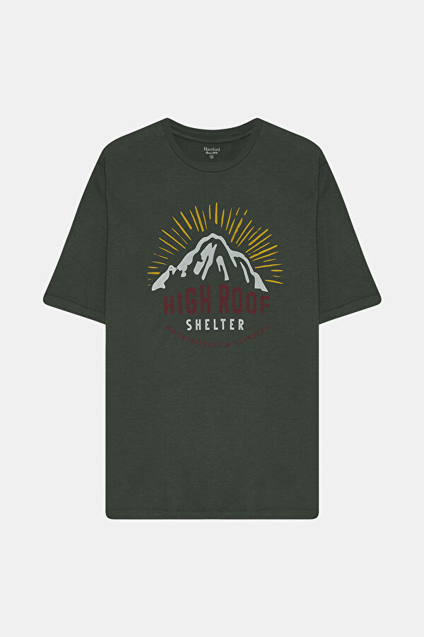 Koyu Yeşil Bisiklet Yaka Baskılı T-Shirt