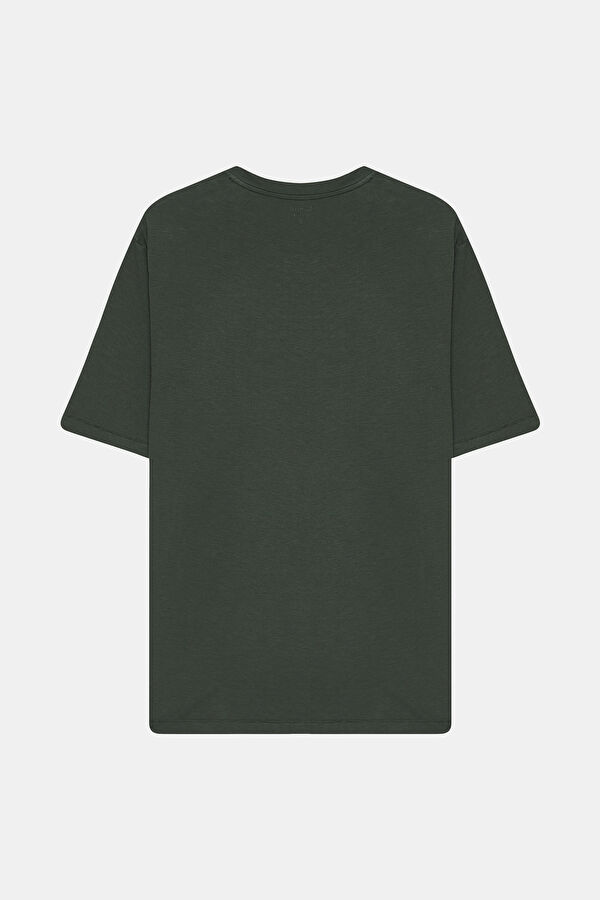 Koyu Yeşil Bisiklet Yaka Baskılı T-Shirt 2