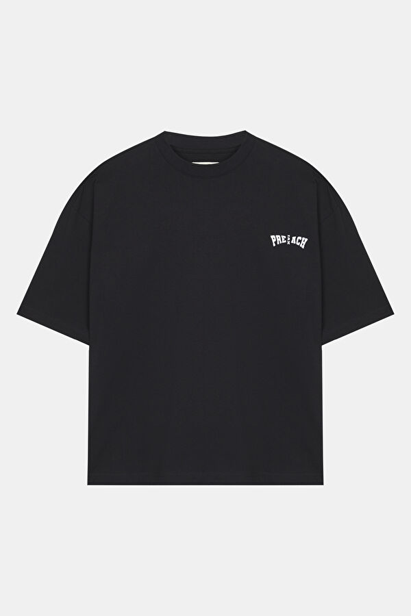 Oversize Siyah Bisiklet Yaka Baskılı T-Shirt