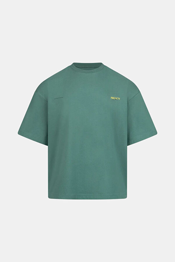 Oversize Koyu Yeşil Bisiklet Yaka Baskılı Erkek T-Shirt 4