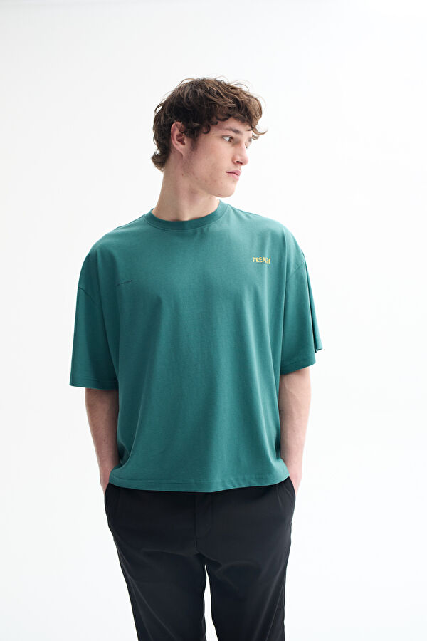 Oversize Koyu Yeşil Bisiklet Yaka Baskılı Erkek T-Shirt