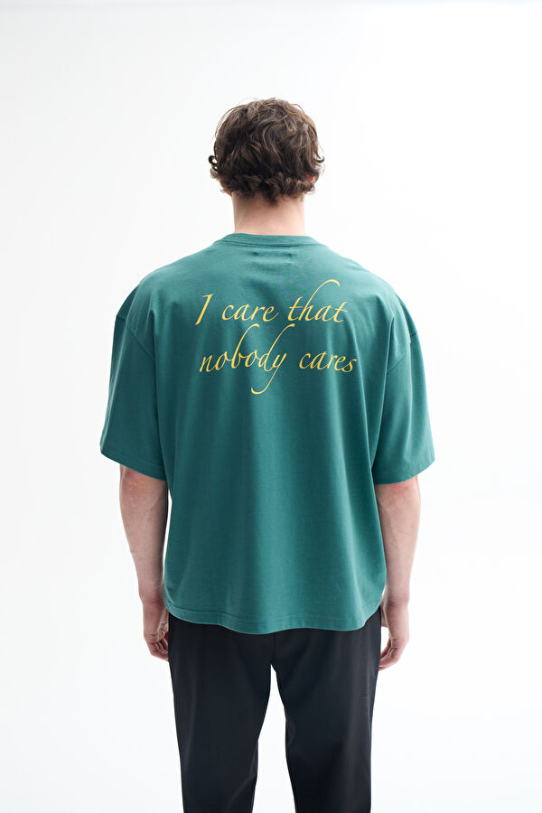 Oversize Koyu Yeşil Bisiklet Yaka Baskılı Erkek T-Shirt 2