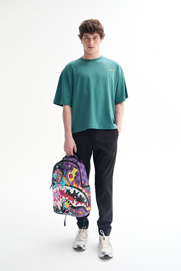 Oversize Koyu Yeşil Bisiklet Yaka Baskılı Erkek T-Shirt 3