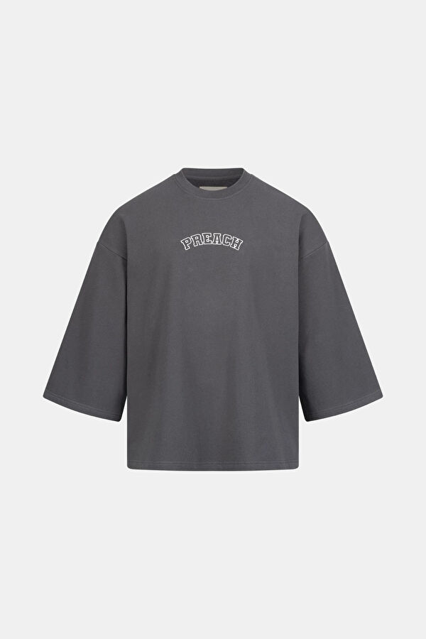 Oversize Antrasit Bisiklet Yaka Baskılı T-Shirt