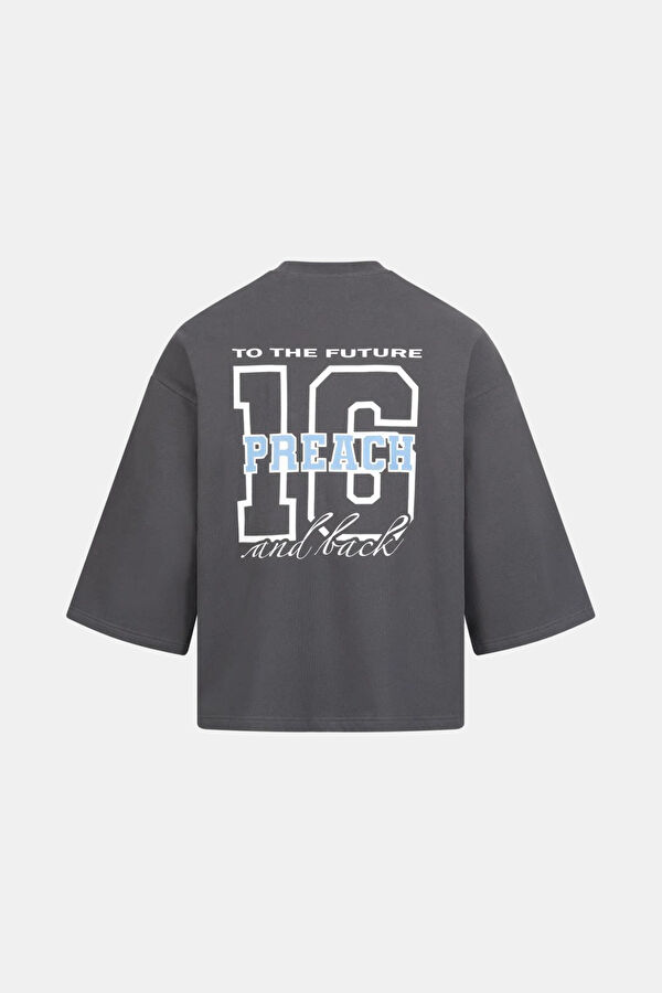 Oversize Antrasit Bisiklet Yaka Baskılı T-Shirt 2