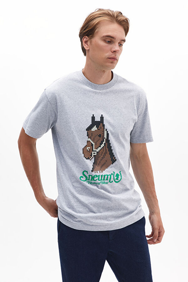 Açık Gri Bisiklet Yaka Baskılı Erkek T-Shirt