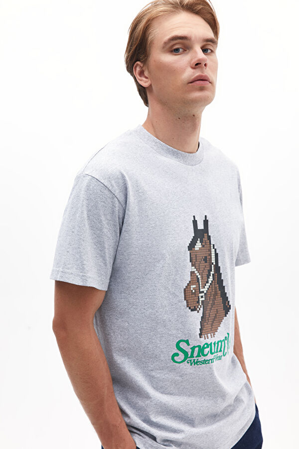 Açık Gri Bisiklet Yaka Baskılı Erkek T-Shirt 2