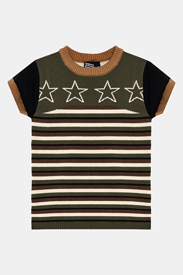Dar Kalıp Haki O Yaka Çizgili Desenli T-Shirt
