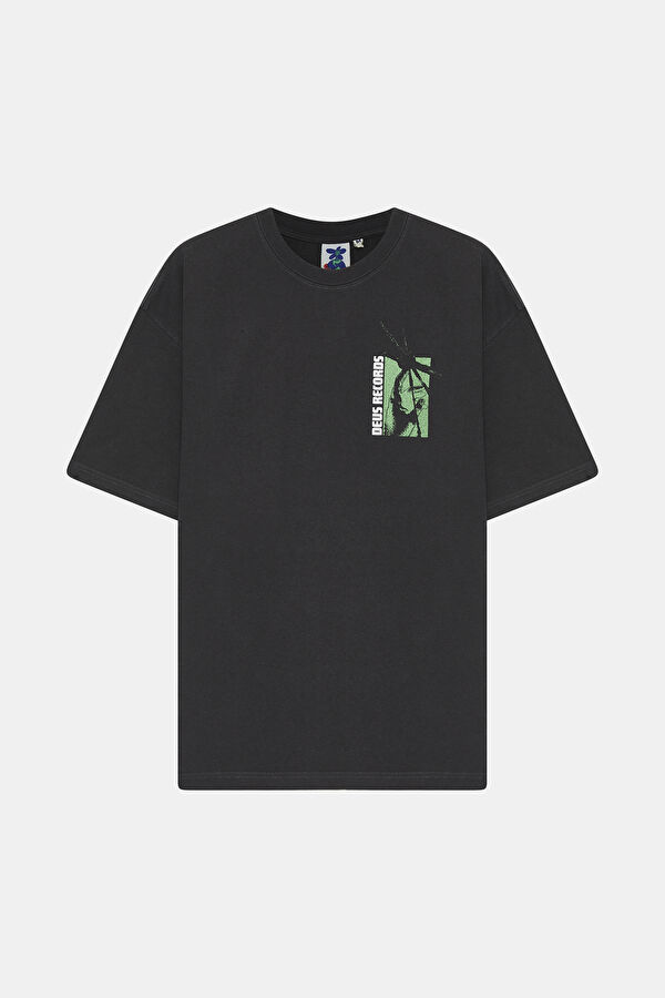 Relax Kalıp Antrasit Bisiklet Yaka Baskılı T-Shirt