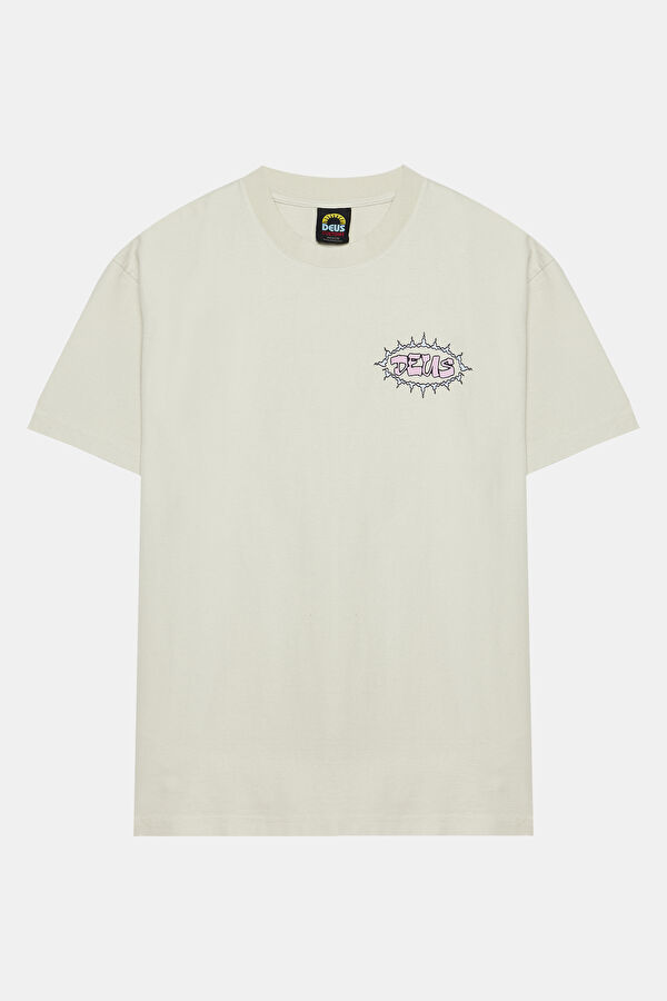Relax Kalıp Ekru Bisiklet Yaka Baskılı T-Shirt