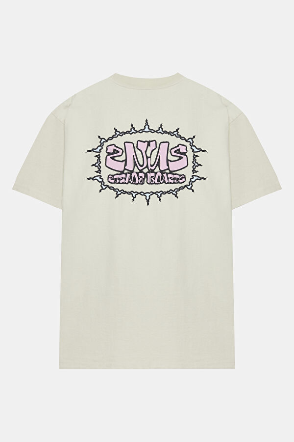 Relax Kalıp Ekru Bisiklet Yaka Baskılı T-Shirt 2