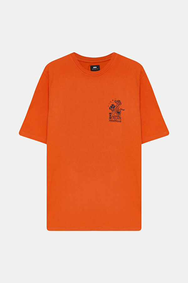Turuncu Bisiklet Yaka Baskılı T-Shirt