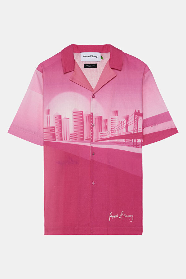 Oversize Pink Patterned Retro Linen Cotton Men's Shirt 4