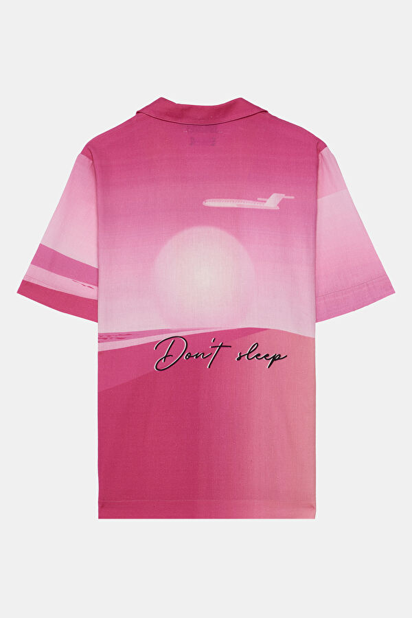 Oversize Pink Patterned Retro Linen Cotton Men's Shirt 5