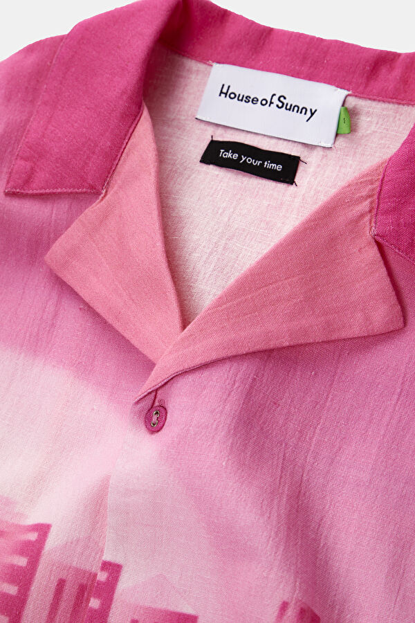 Oversize Pink Patterned Retro Linen Cotton Men's Shirt 6
