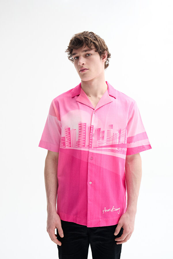 Oversize Pink Patterned Retro Linen Cotton Men's Shirt