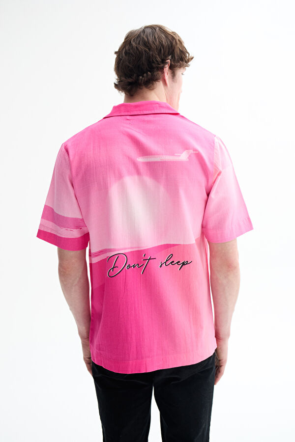 Oversize Pink Patterned Retro Linen Cotton Men's Shirt 2