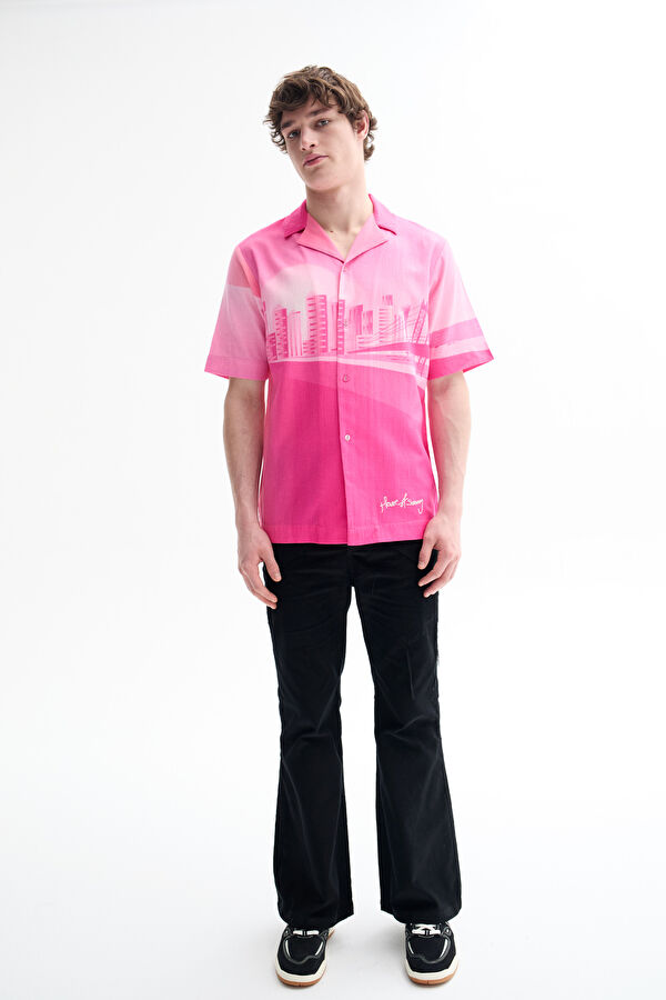 Oversize Pink Patterned Retro Linen Cotton Men's Shirt 3
