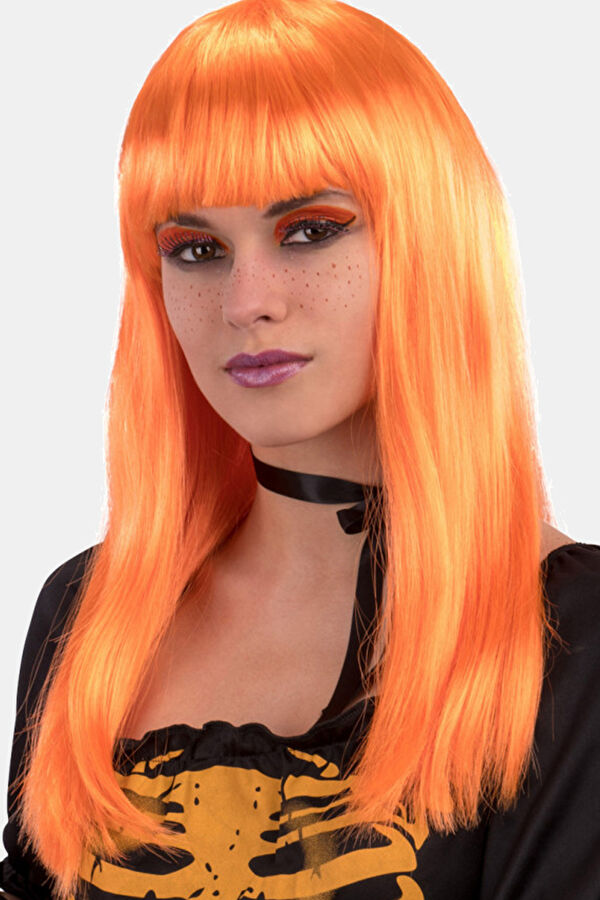 Orange Straight Long Wig W/Fringe Polybag