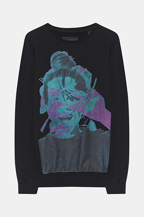 Siyah Relax Kalıp Bisiklet Yaka Erkek Sweatshirt