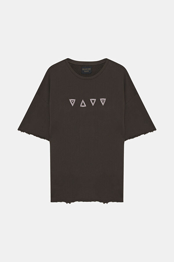 Kahve Bisiklet Yaka Baskılı T-Shirt