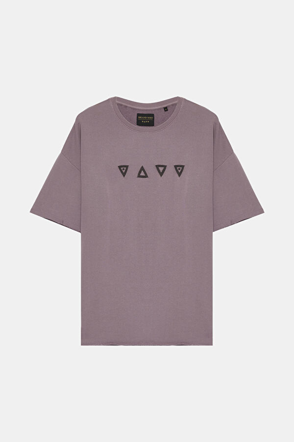 Lila Bisiklet Yaka Baskılı T-Shirt