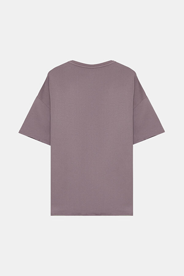 Lila Bisiklet Yaka Baskılı T-Shirt 2