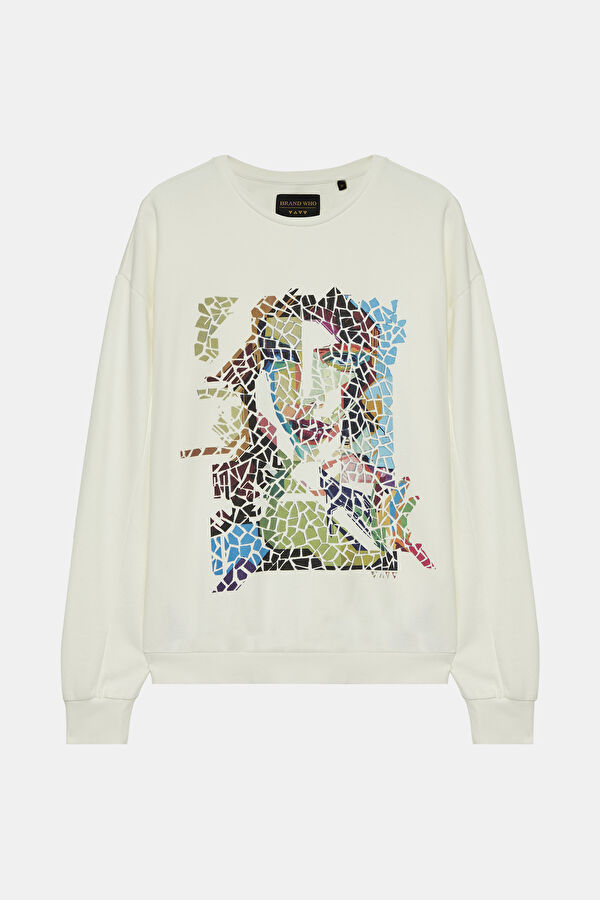 Beyaz Relax Kalıp Bisiklet Yaka Sweatshirt