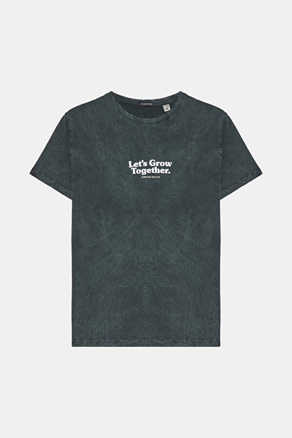Relax Kalıp Yeşil Bisiklet Yaka Baskılı T-Shirt