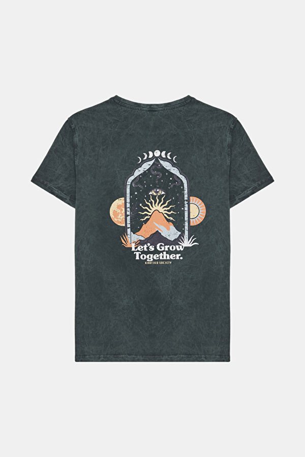 Relax Kalıp Yeşil Bisiklet Yaka Baskılı T-Shirt 2