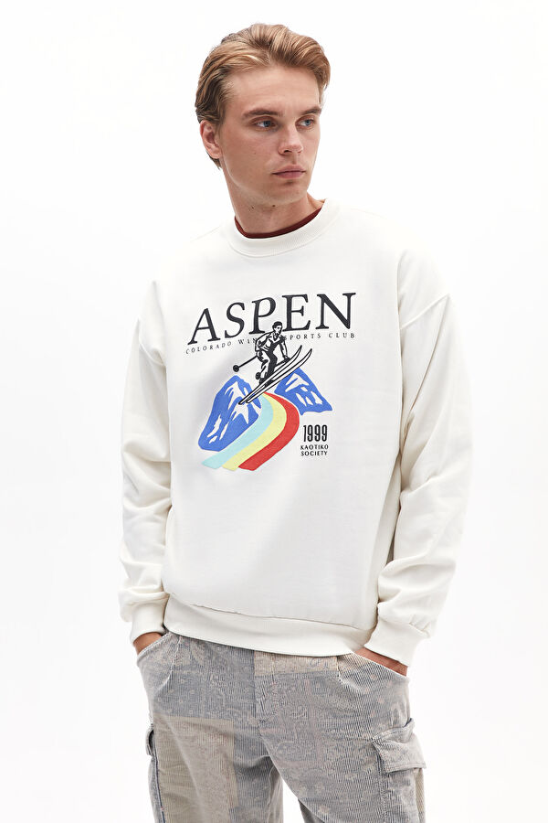 Krem Relax Kalıp Bisiklet Yaka Erkek Sweatshirt